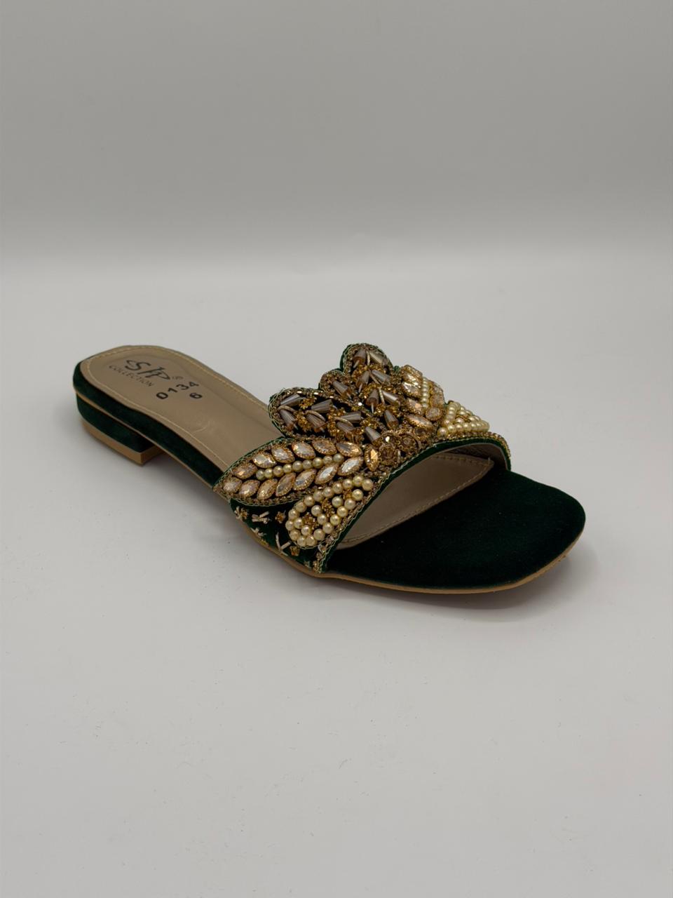 Women's Pearl & Crystal Embellished Block Heel Mules — Green, Maroon, Gold & Black