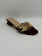 Women's Pearl & Crystal Embellished Block Heel Mules — Green, Maroon, Gold & Black