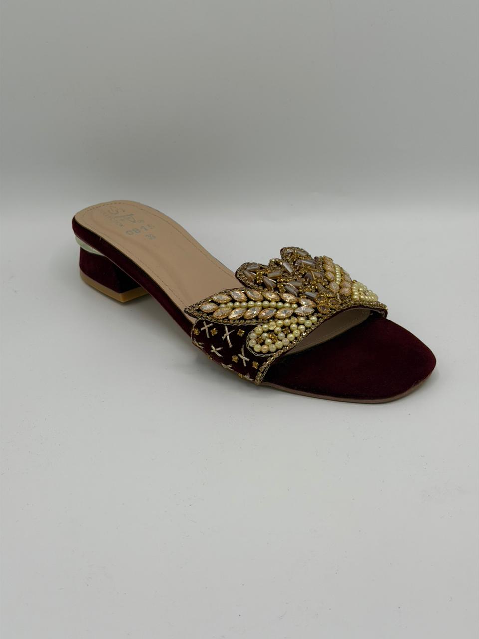 Women's Pearl & Crystal Embellished Block Heel Mules — Green, Maroon, Gold & Black