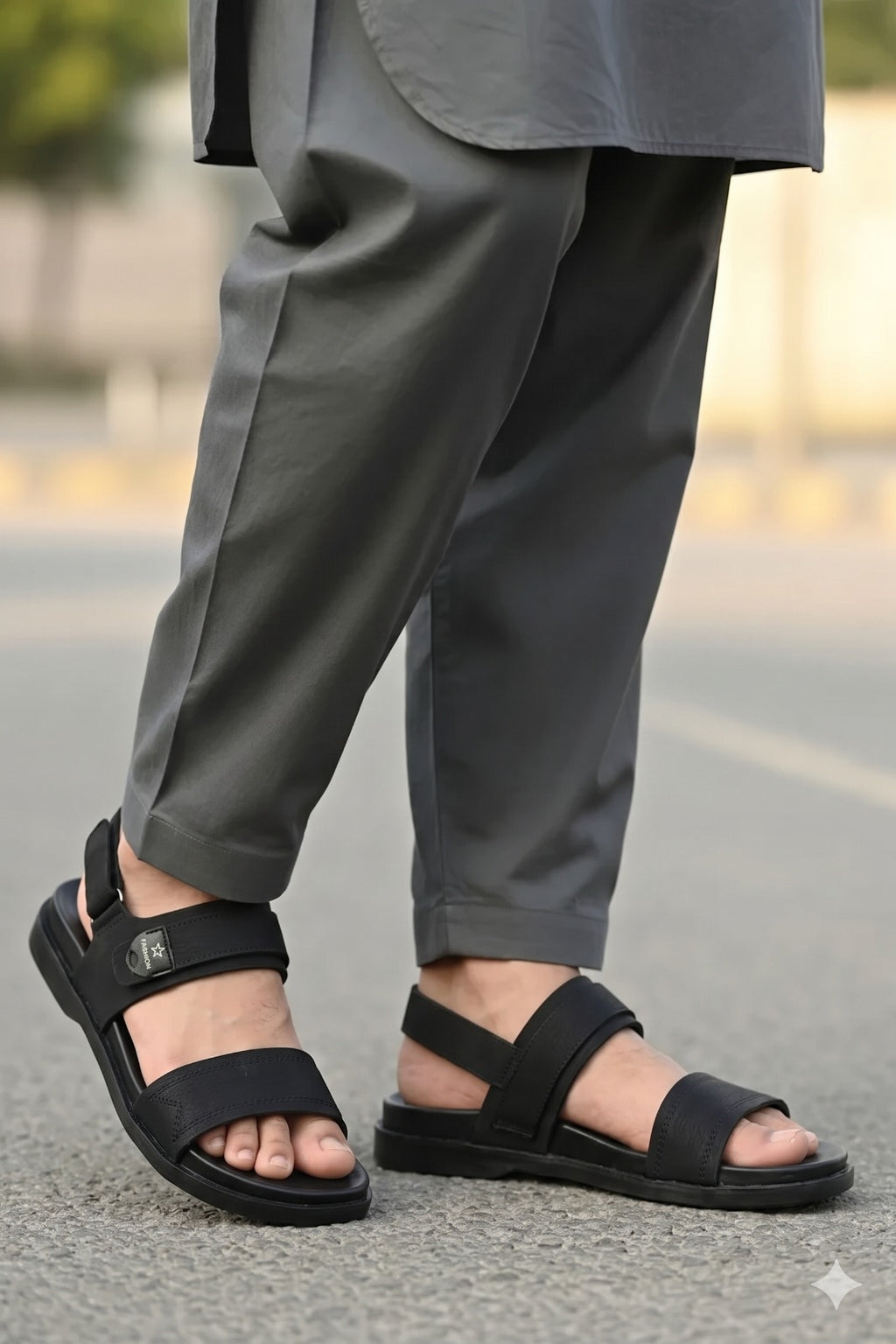Men's Leather Double-Strap Sandals with Badge Detail — Khaki, Brown, Black & Tan
