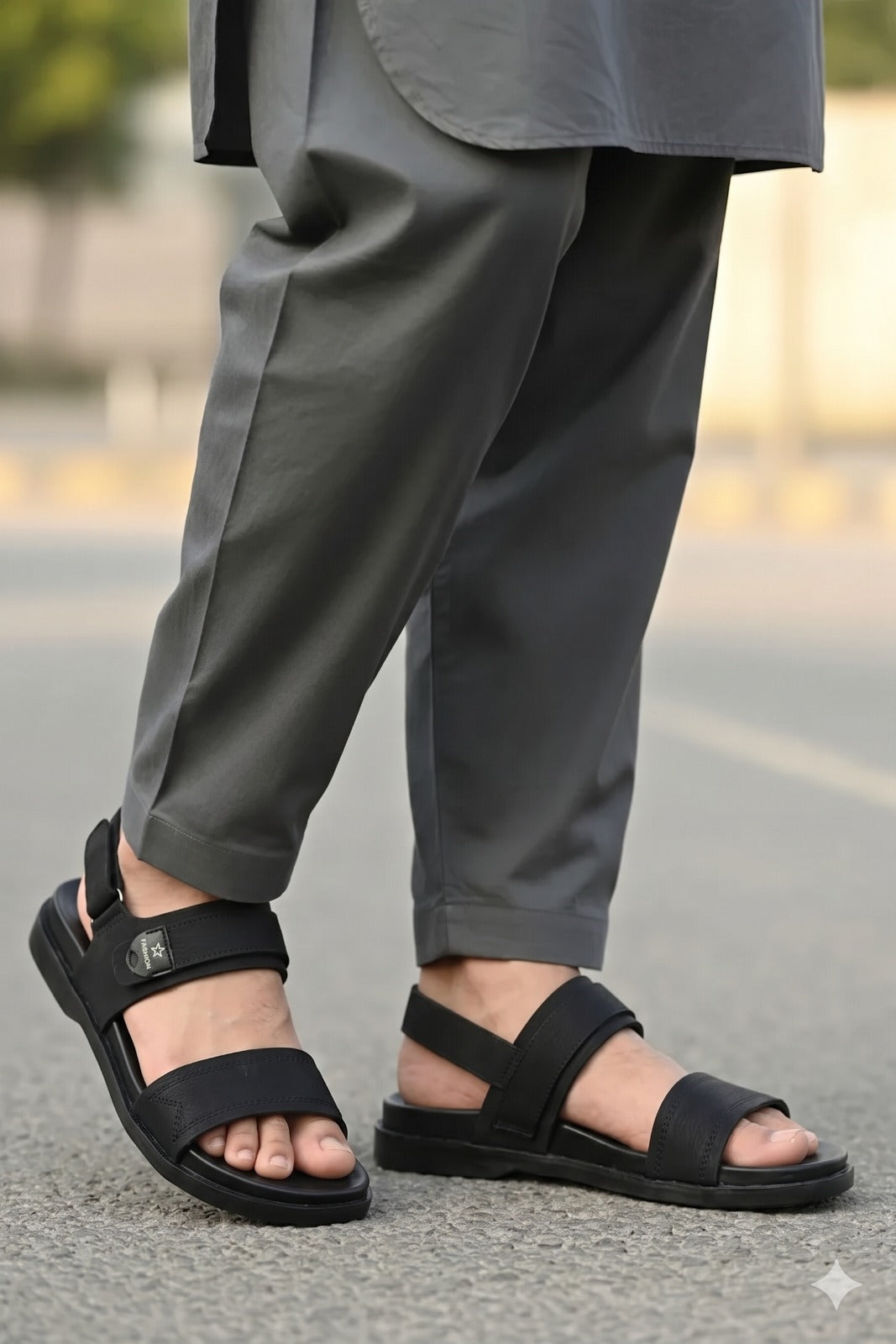 Men's Leather Double-Strap Sandals with Badge Detail — Khaki, Brown, Black & Tan