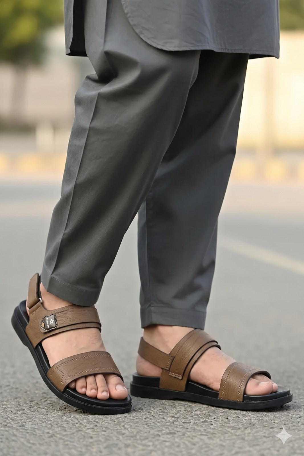 Men's Leather Double-Strap Sandals with Badge Detail — Khaki, Brown, Black & Tan