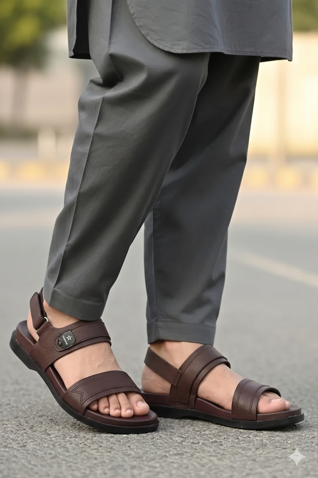 Men's Leather Double-Strap Sandals with Badge Detail — Khaki, Brown, Black & Tan