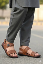 Men's Leather Double-Strap Sandals with Badge Detail — Khaki, Brown, Black & Tan