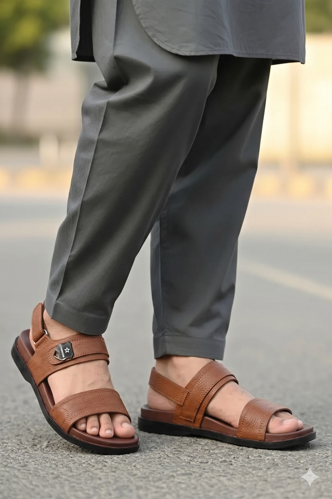 Men's Leather Double-Strap Sandals with Badge Detail — Khaki, Brown, Black & Tan