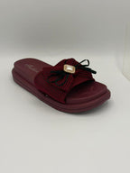 Women's Ruffle Bow Flat Slides with Pearl Brooch — Black & Maroon
