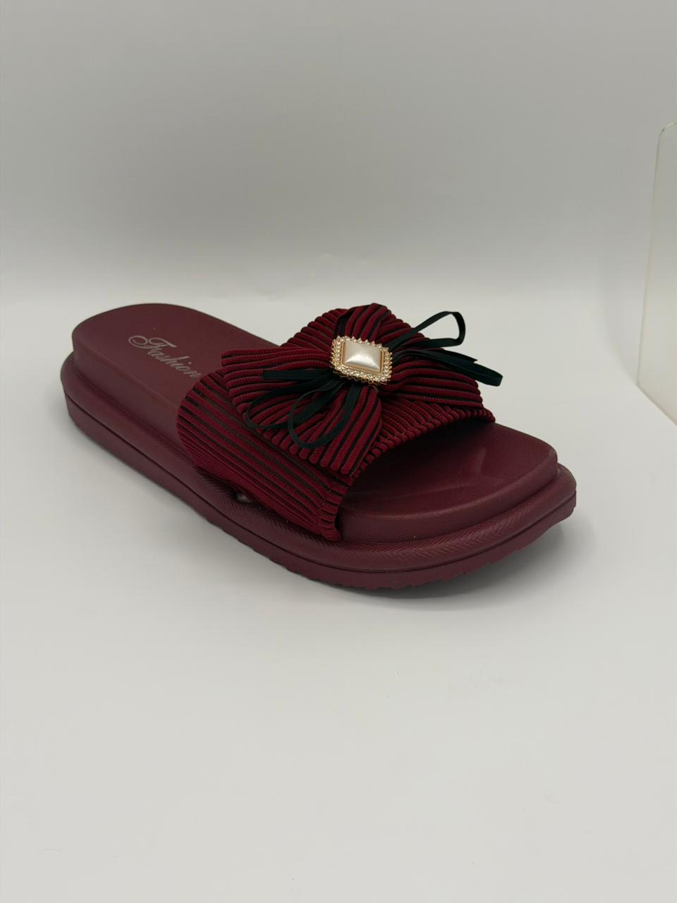 Women's Ruffle Bow Flat Slides with Pearl Brooch — Black & Maroon