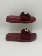 Women's Ruffle Bow Flat Slides with Pearl Brooch — Black & Maroon
