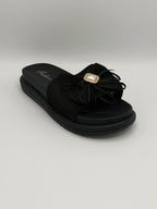 Women's Ruffle Bow Flat Slides with Pearl Brooch — Black & Maroon