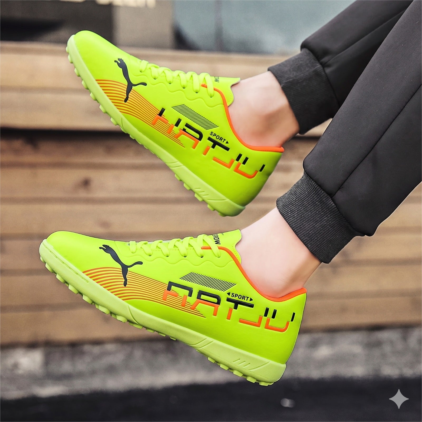 Bright green sports shoes with orange accents worn by a person on wooden steps.