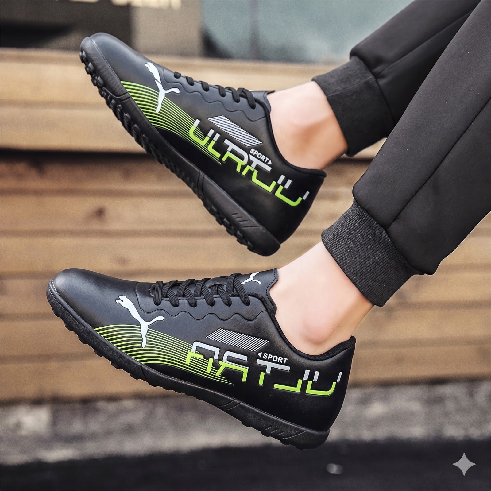 Black sports shoes with green accents worn by a person on wooden steps.