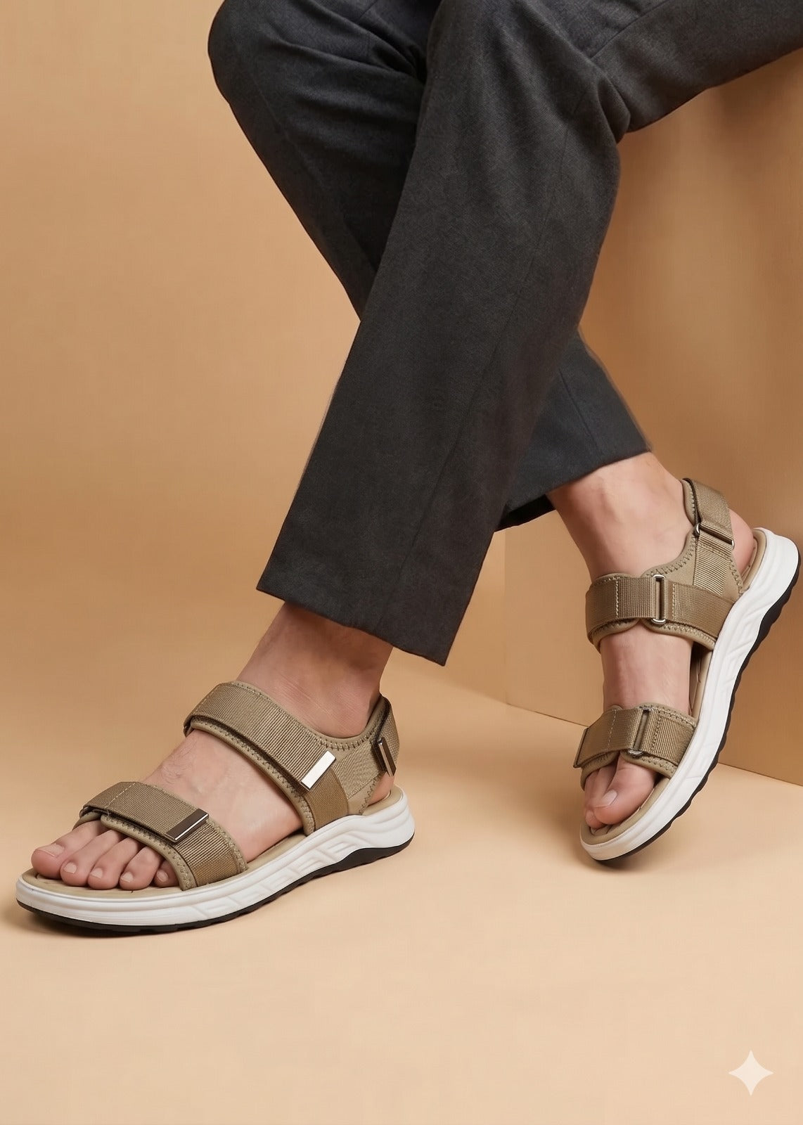 Brown sandals worn with dark pants on a beige background