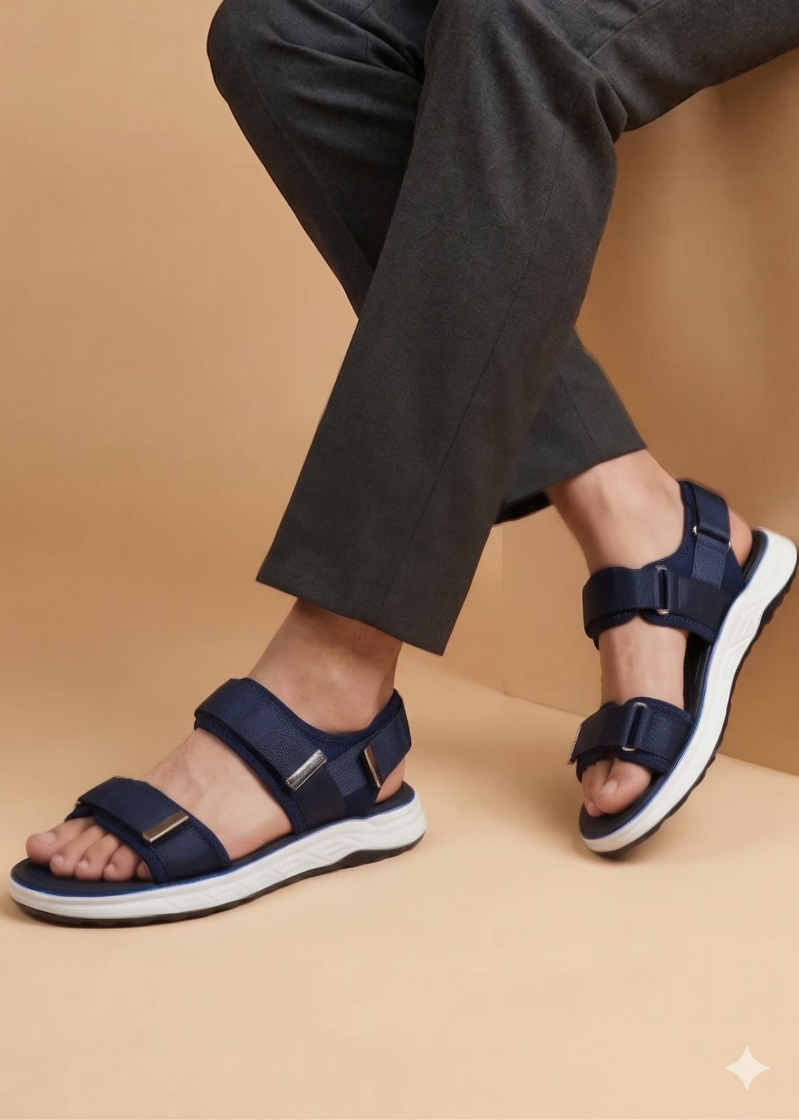 Navy sandals worn with dark pants on a beige background