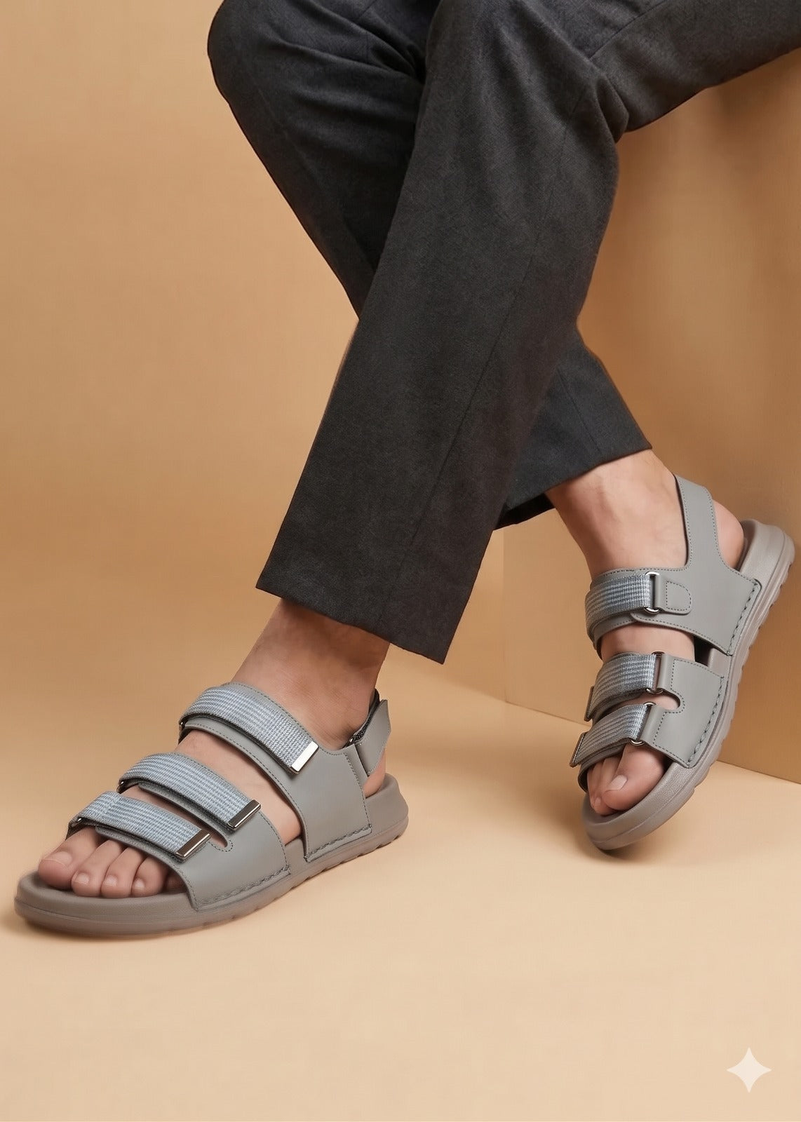 Gray sandals worn with dark pants on a beige background
