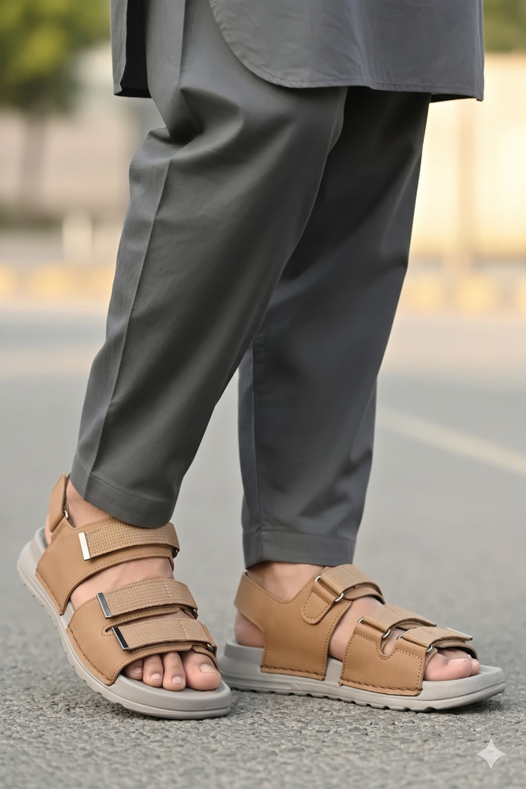 Person wearing brown sandals with gray pants on a blurred street background