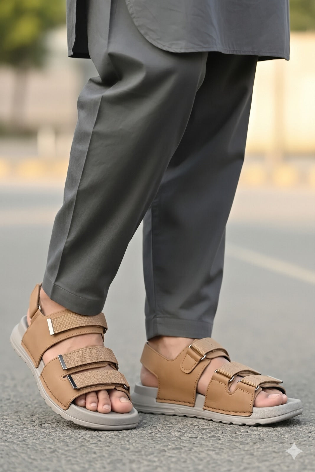 Person wearing brown sandals with gray pants on a blurred street background
