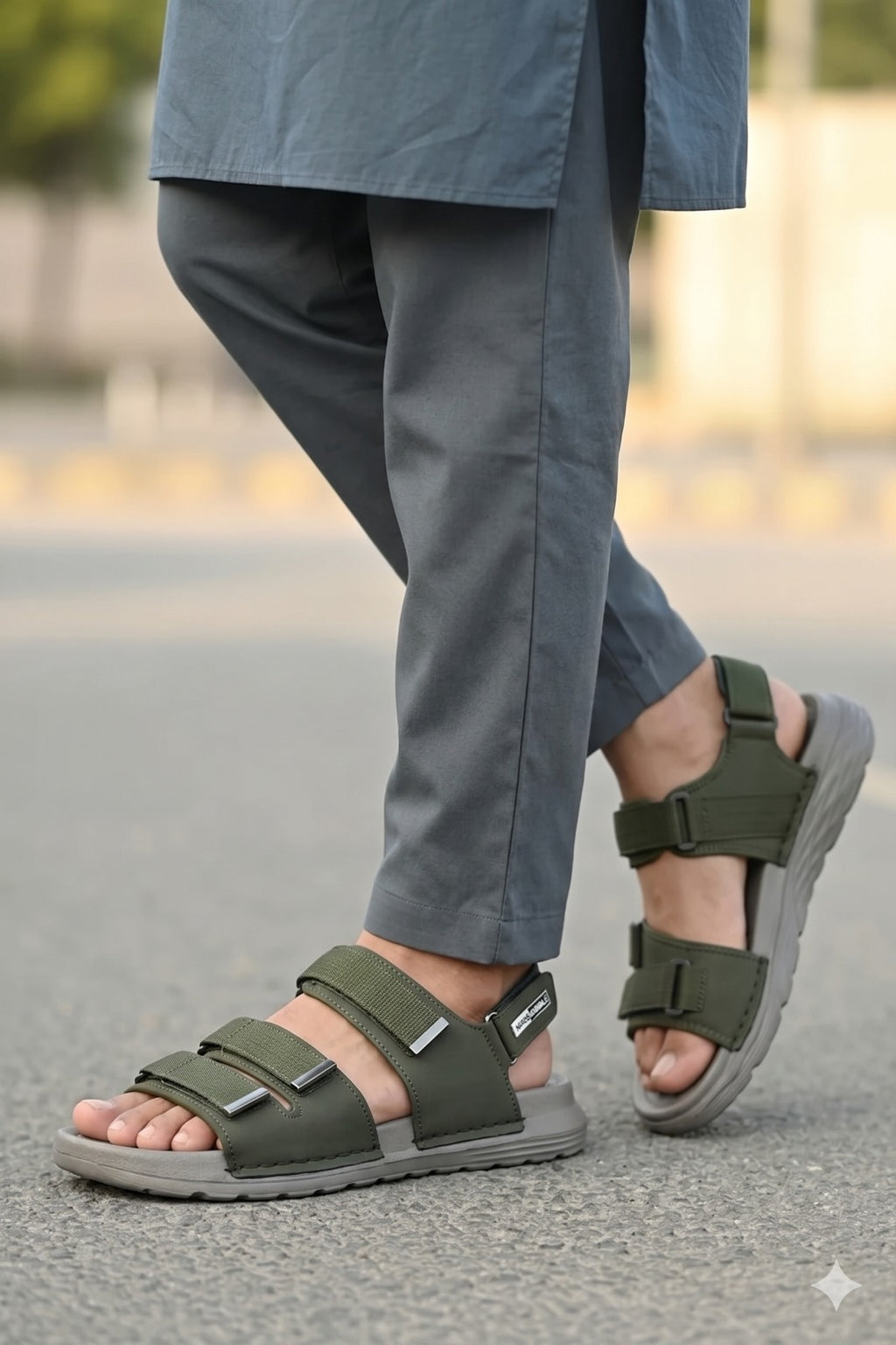 Person wearing green sandals with gray soles on a blurred outdoor background