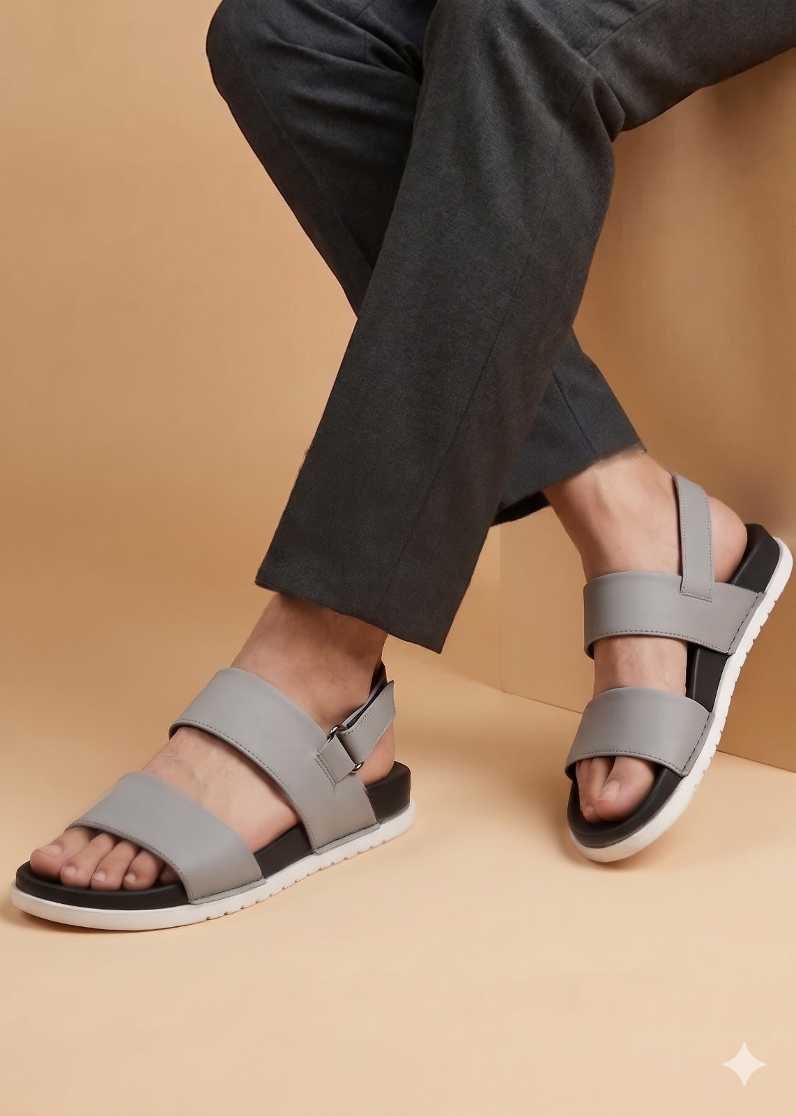 inayat shoes Person wearing gray sandals on a beige background