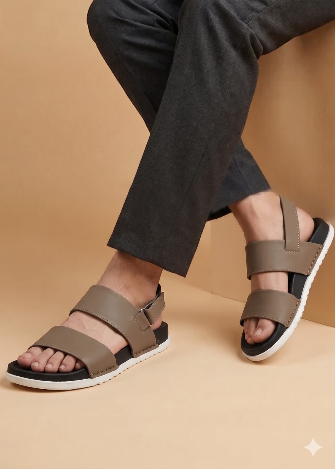 Brown sandals worn with black pants on a beige background