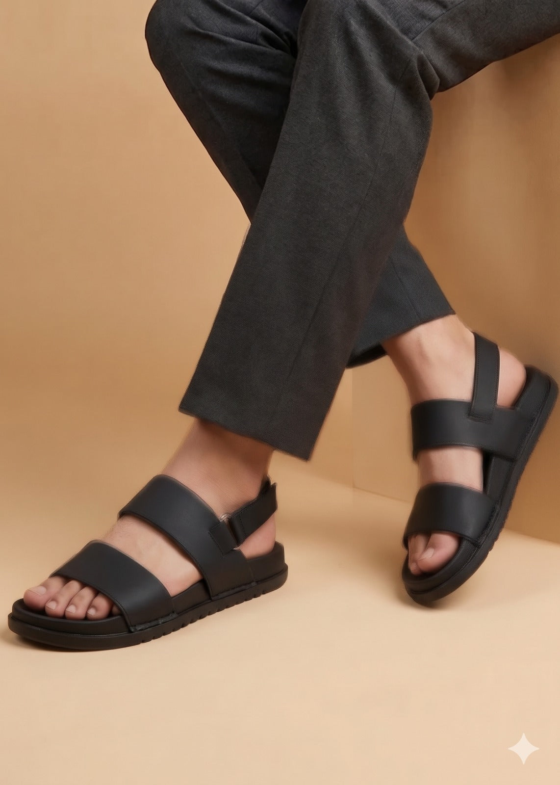 Black sandals worn with dark pants on a beige background
