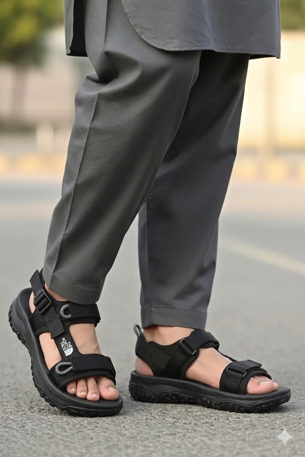 Person wearing black sandals and gray pants on a blurred street background