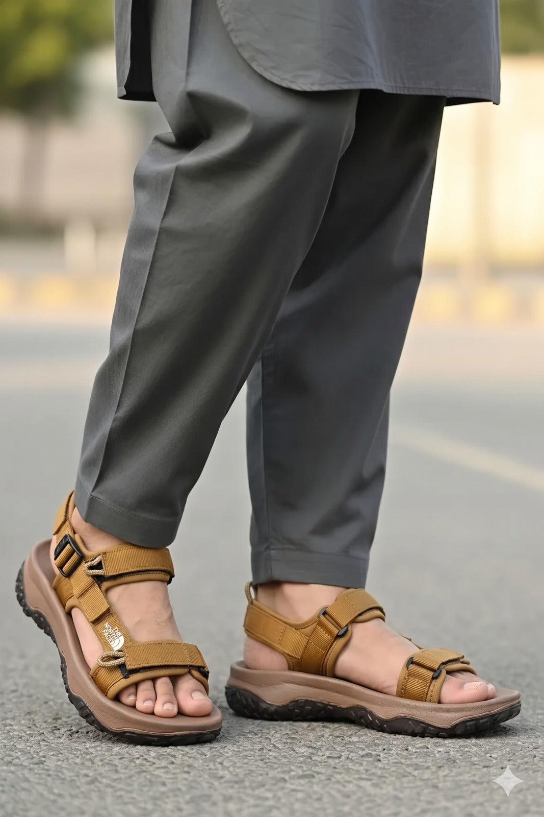 Brown sandals worn with gray pants on a blurred street background