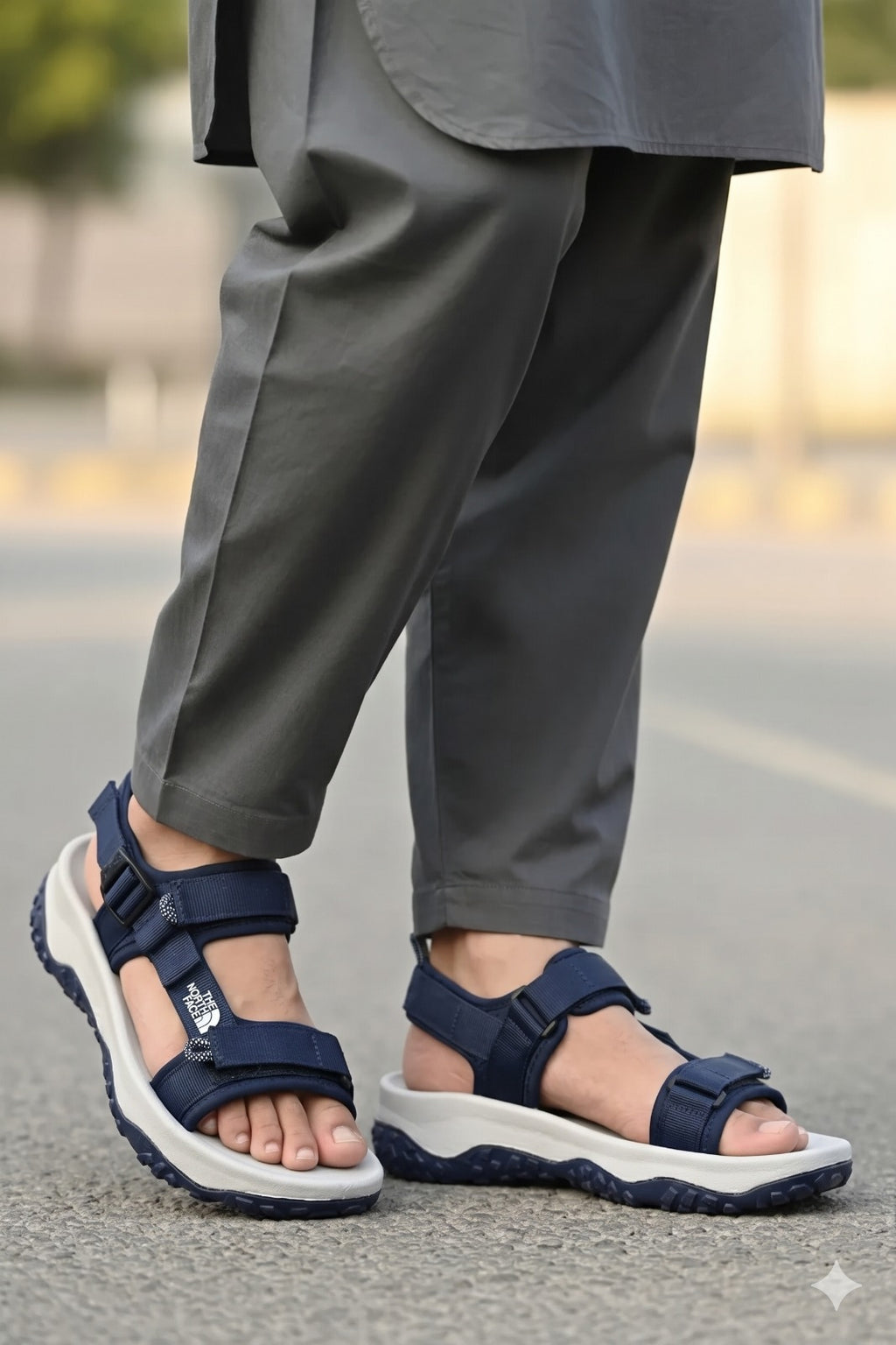 Person wearing navy sandals with white soles on a blurred street of the north face company background