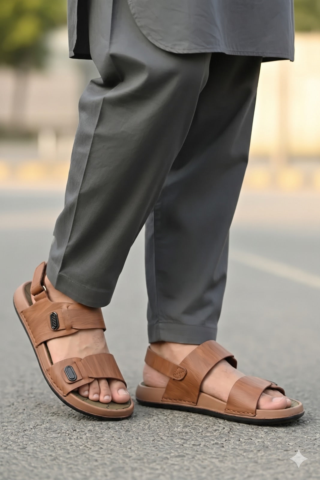 Brown sandals worn with gray pants on a blurred street background