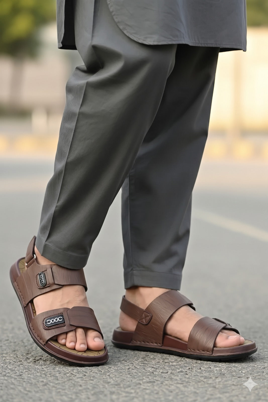 Brown sandals worn with gray pants on a blurred street background