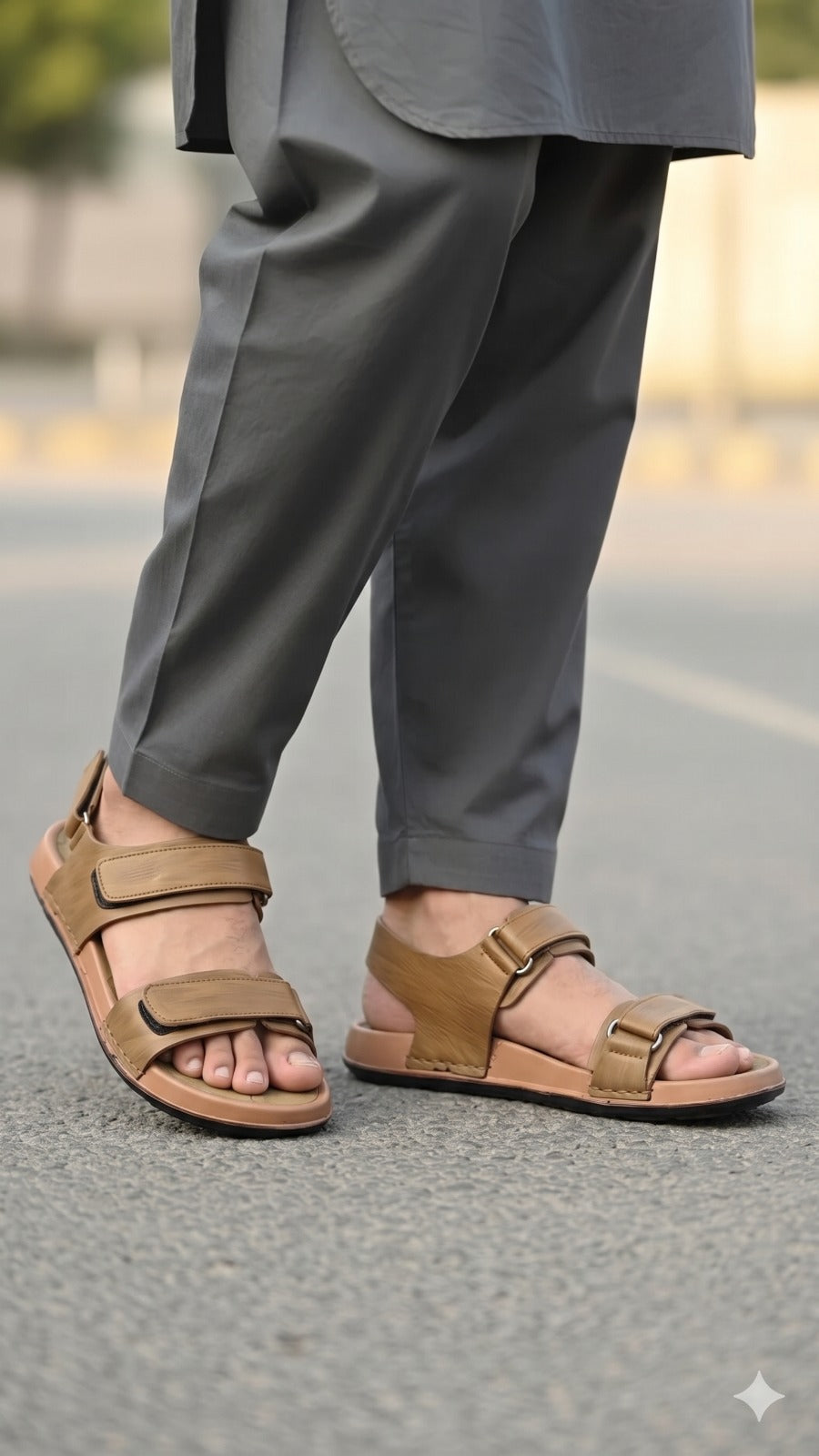 Person wearing brown sandals and gray pants on a blurred street background