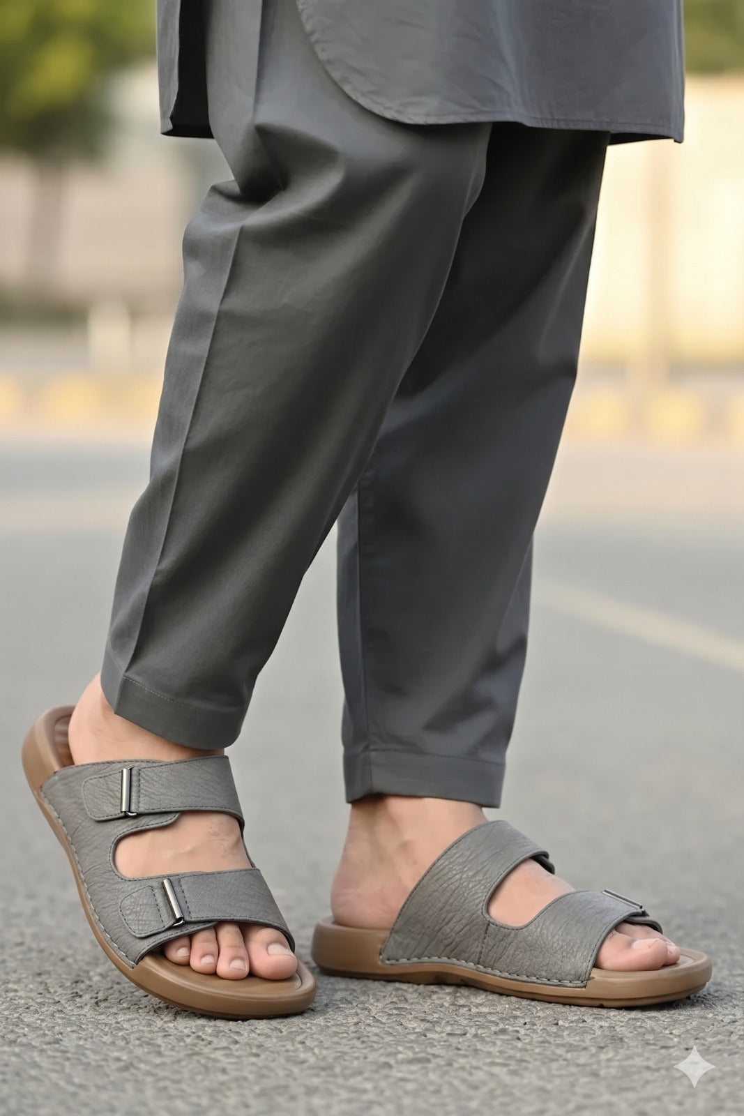 Person wearing gray sandals and pants on a blurred street background