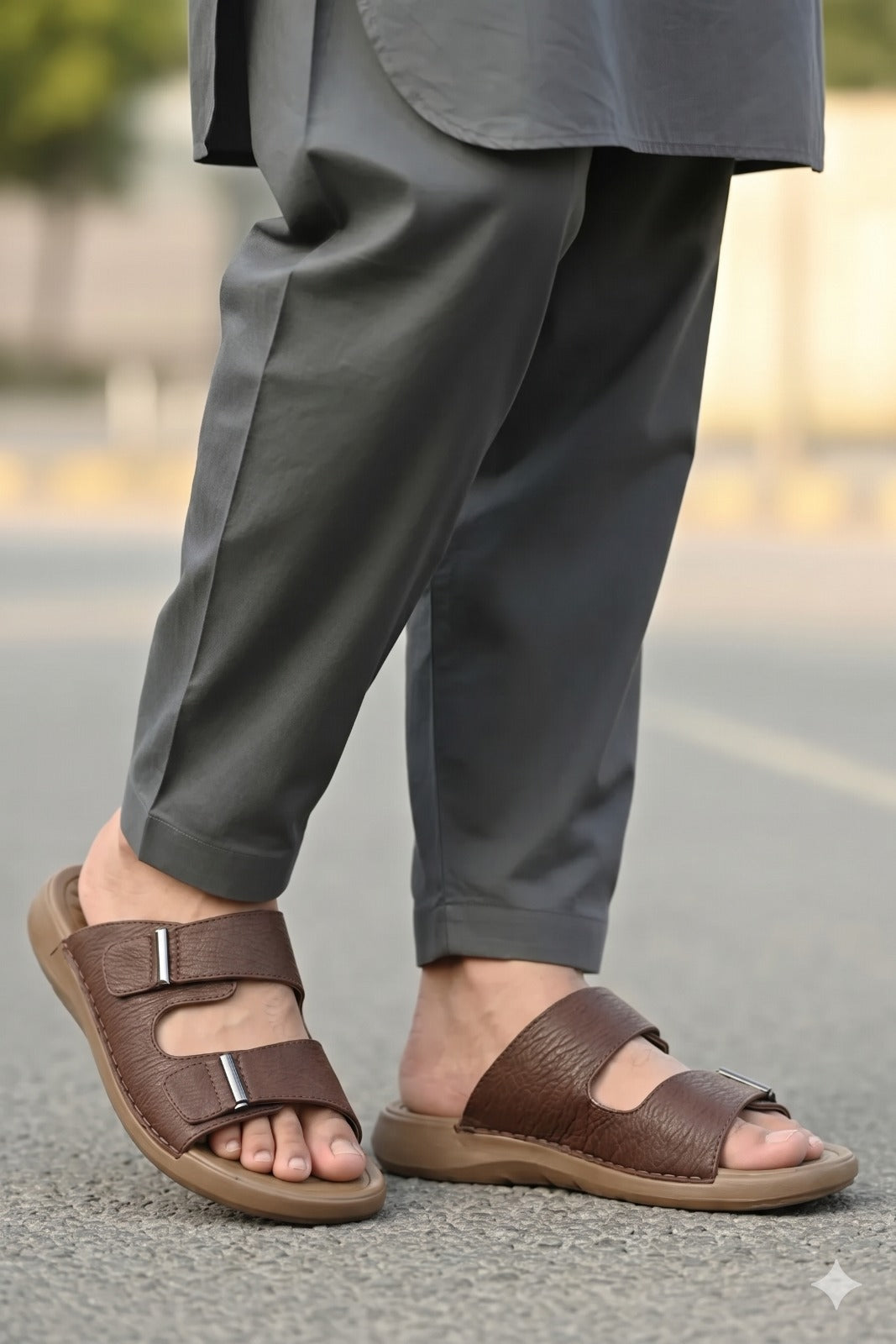 Brown sandals worn with gray pants on a blurred street background