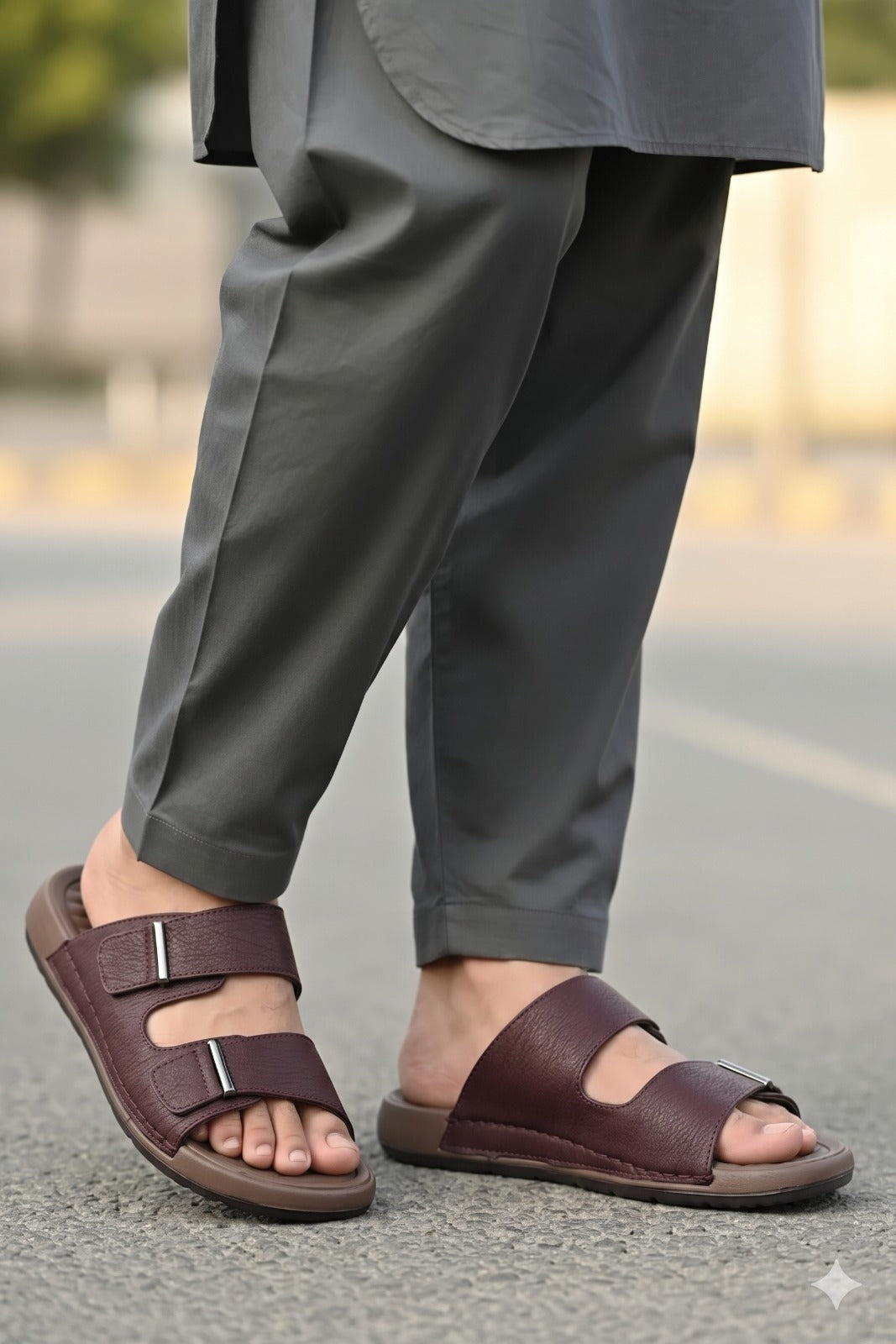 Brown sandals worn with gray pants on a blurred outdoor background