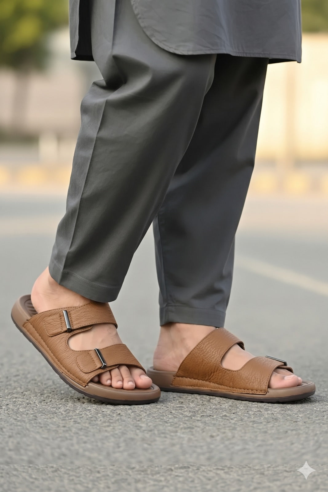 Brown sandals worn with gray pants on a blurred street background