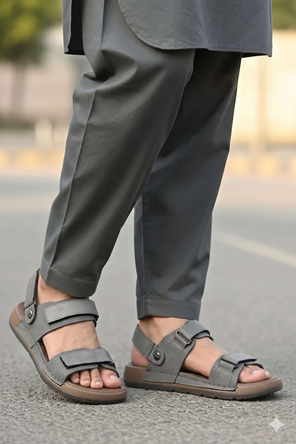 Person wearing gray sandals and dark gray pants on a blurred street background