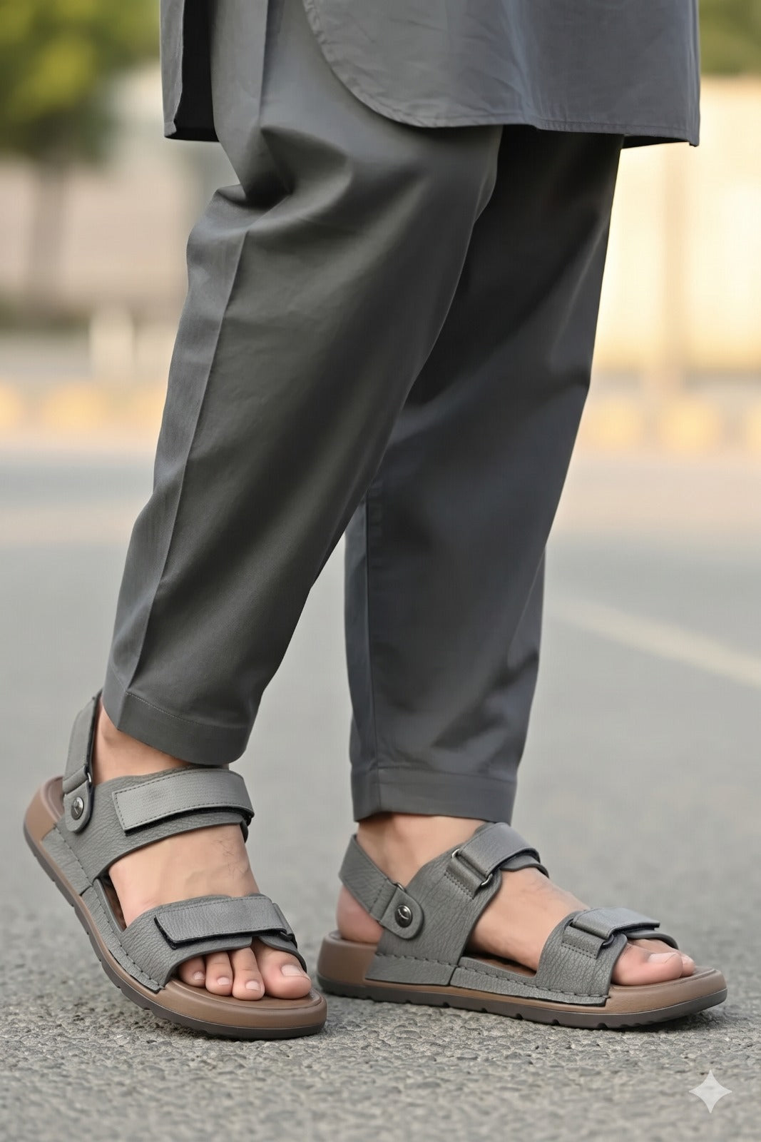 Person wearing gray sandals and dark gray pants on a blurred street background