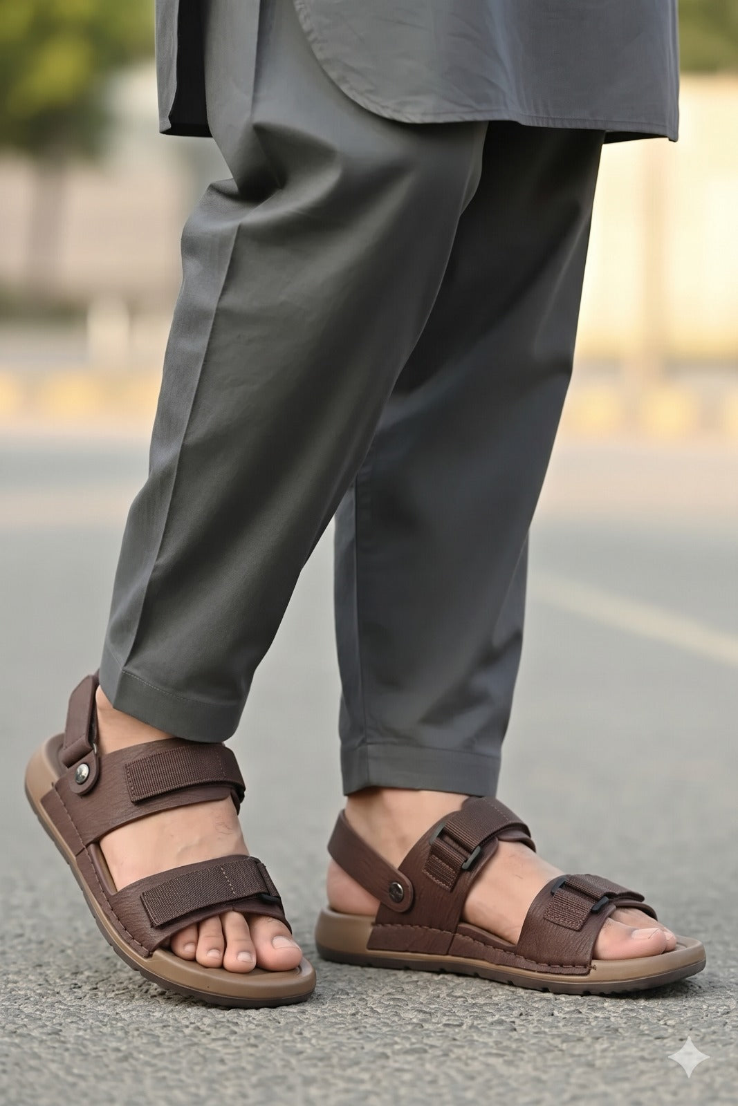 Brown sandals worn with gray pants on a blurred street background