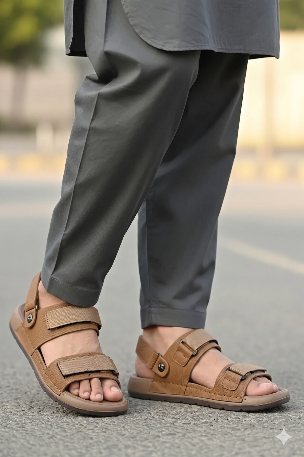 Person wearing brown sandals and gray pants on a blurred street background