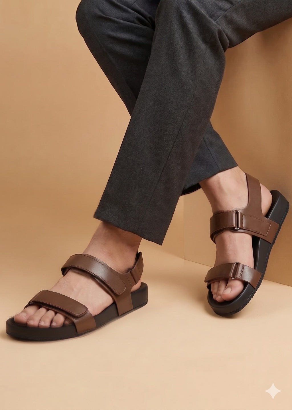Brown sandals worn with dark pants on a beige background