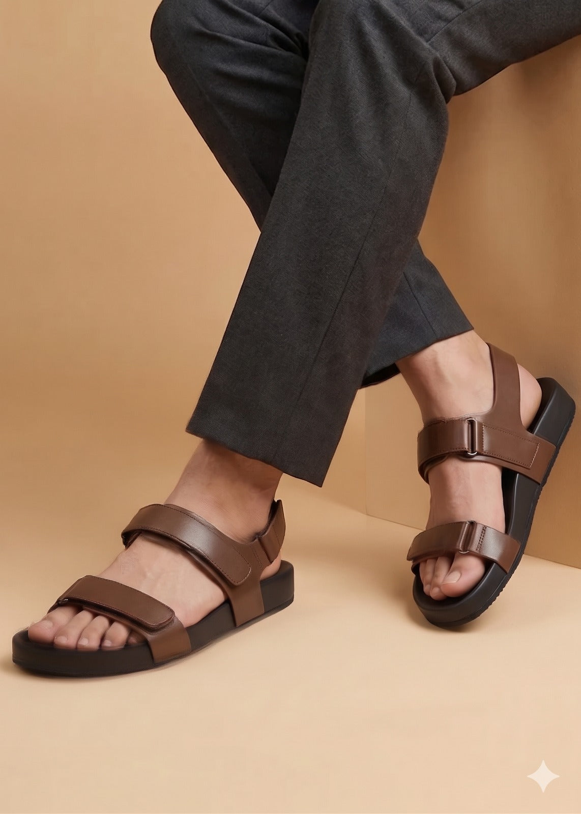 Brown sandals worn with dark pants on a beige background
