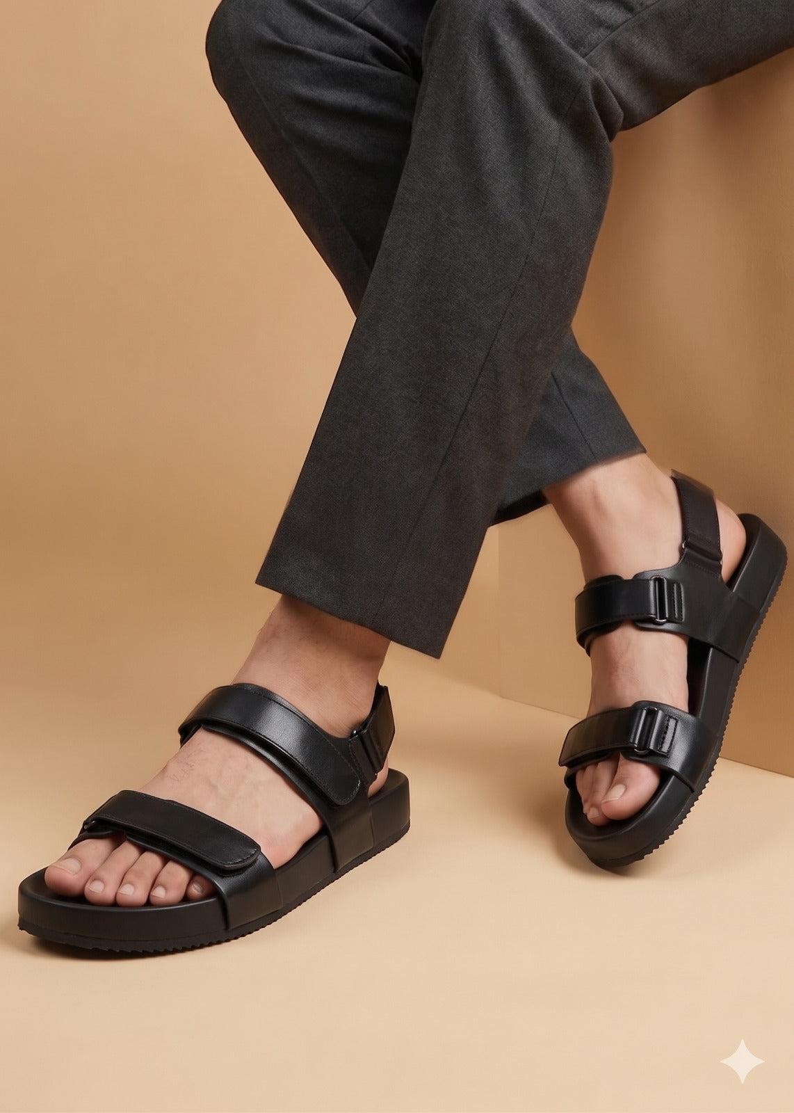 Black sandals worn with dark pants on a beige background