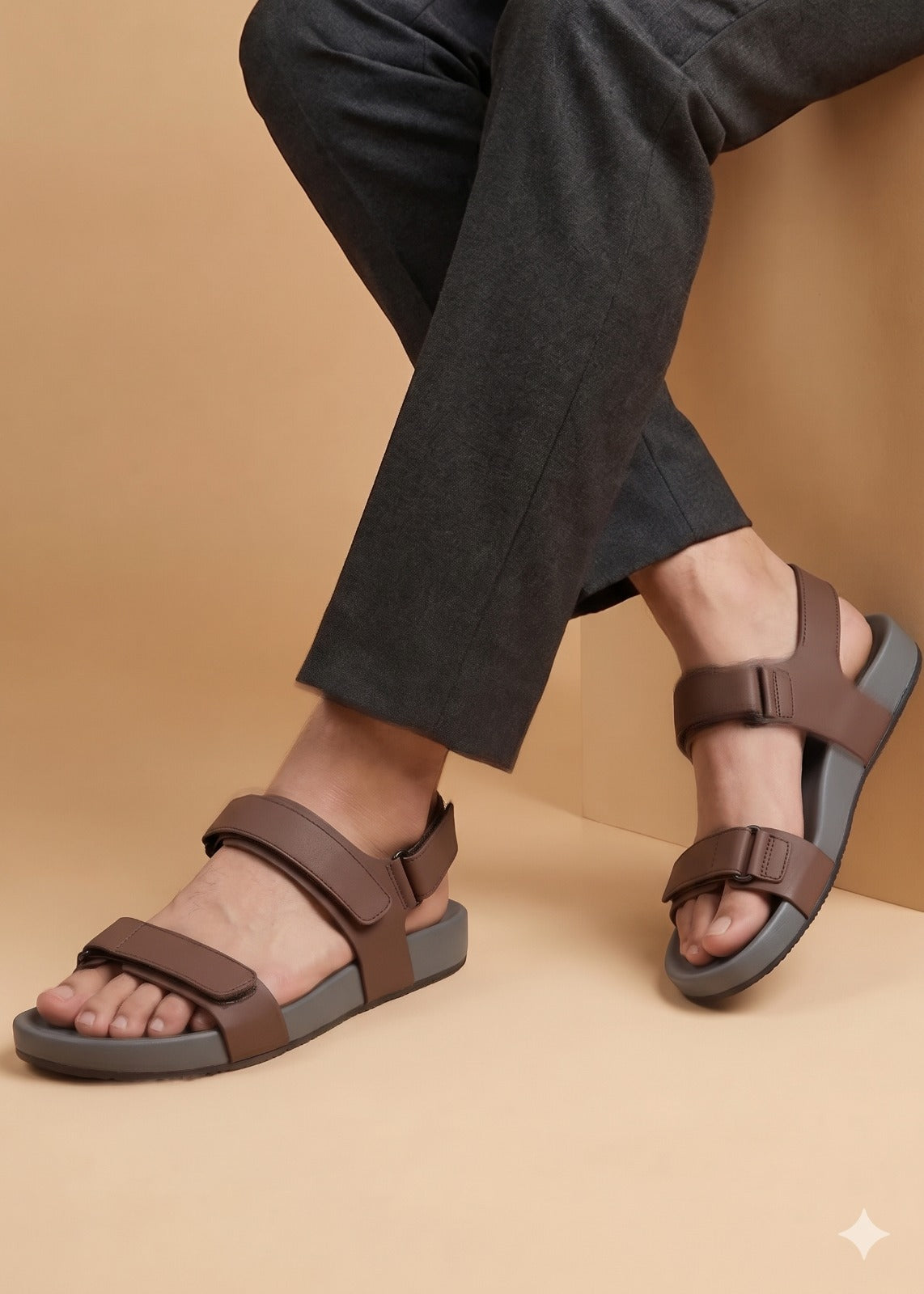 Brown sandals worn with dark pants on a beige background