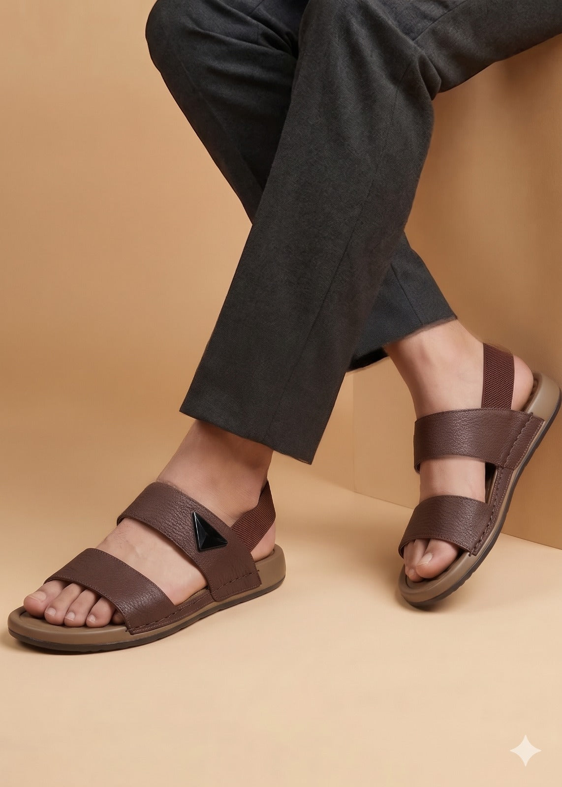 Brown sandals worn with black pants on a beige background