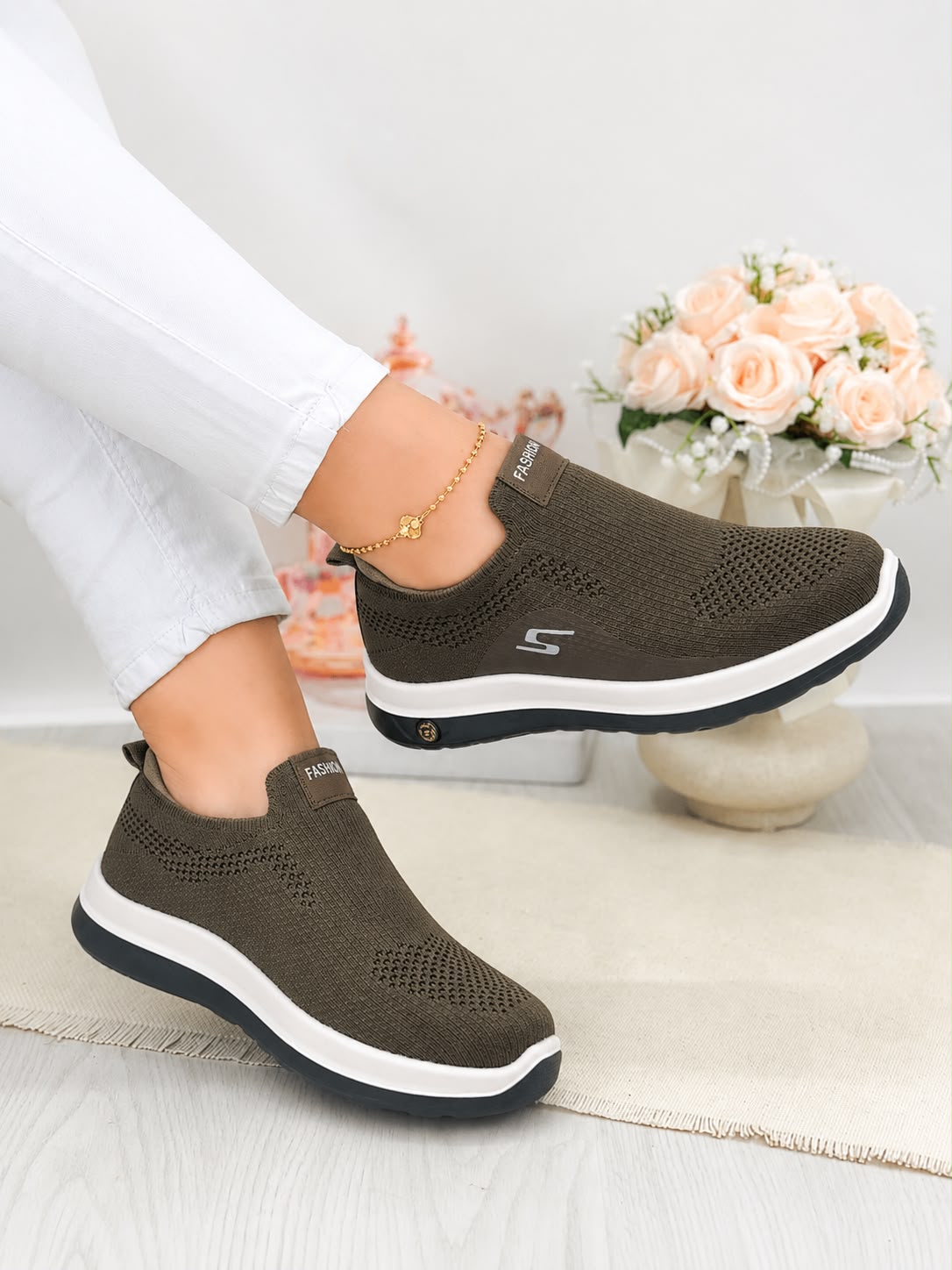 Women's Skechers Style Dark Grey Slip-On Sneakers – Soft Knit Mesh Casual Footwear | Inayat Shoes