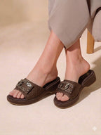 Inayat Shoes Earthy Brown Diamond-Stitched Wedge Sandals featuring secure broad strap.