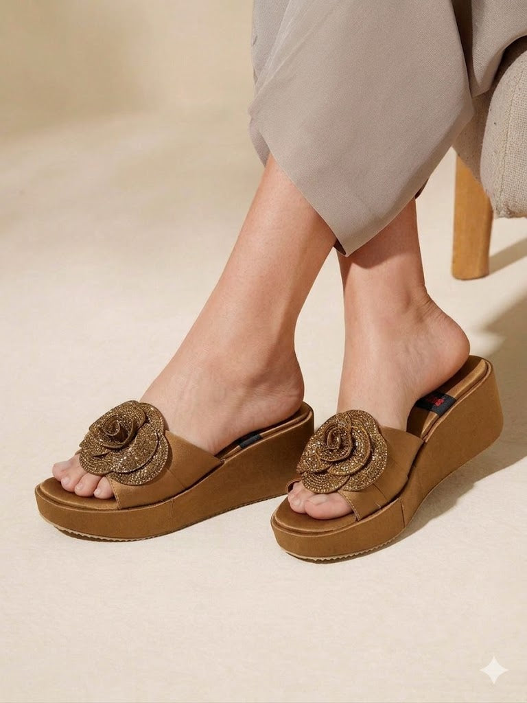 Inayat Shoes Champagne Gold Sparkling Rose Wedge Sandals for Bridal Walima wear.
