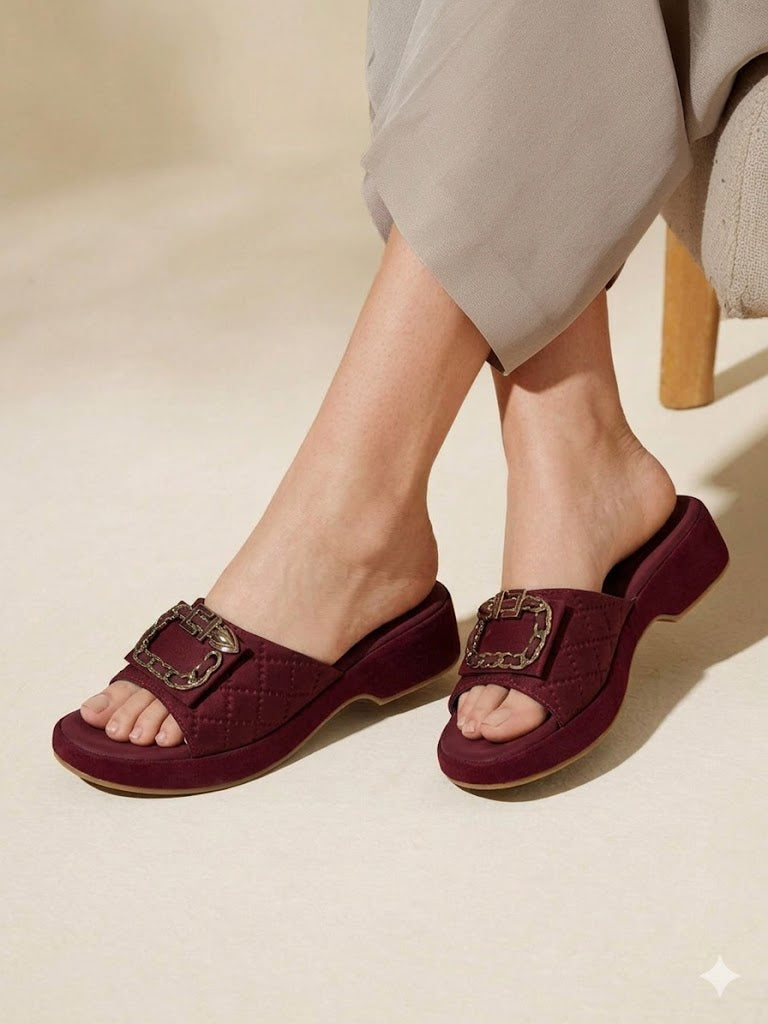 Inayat Shoes Deep Maroon Quilted Wedge Slippers with Metallic Gold Buckle embellishment.