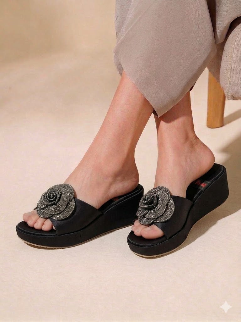 Inayat Shoes Sparkling Rose Satin Wedge Sandals in multiple colors featuring 3D crystal floral embellishments.