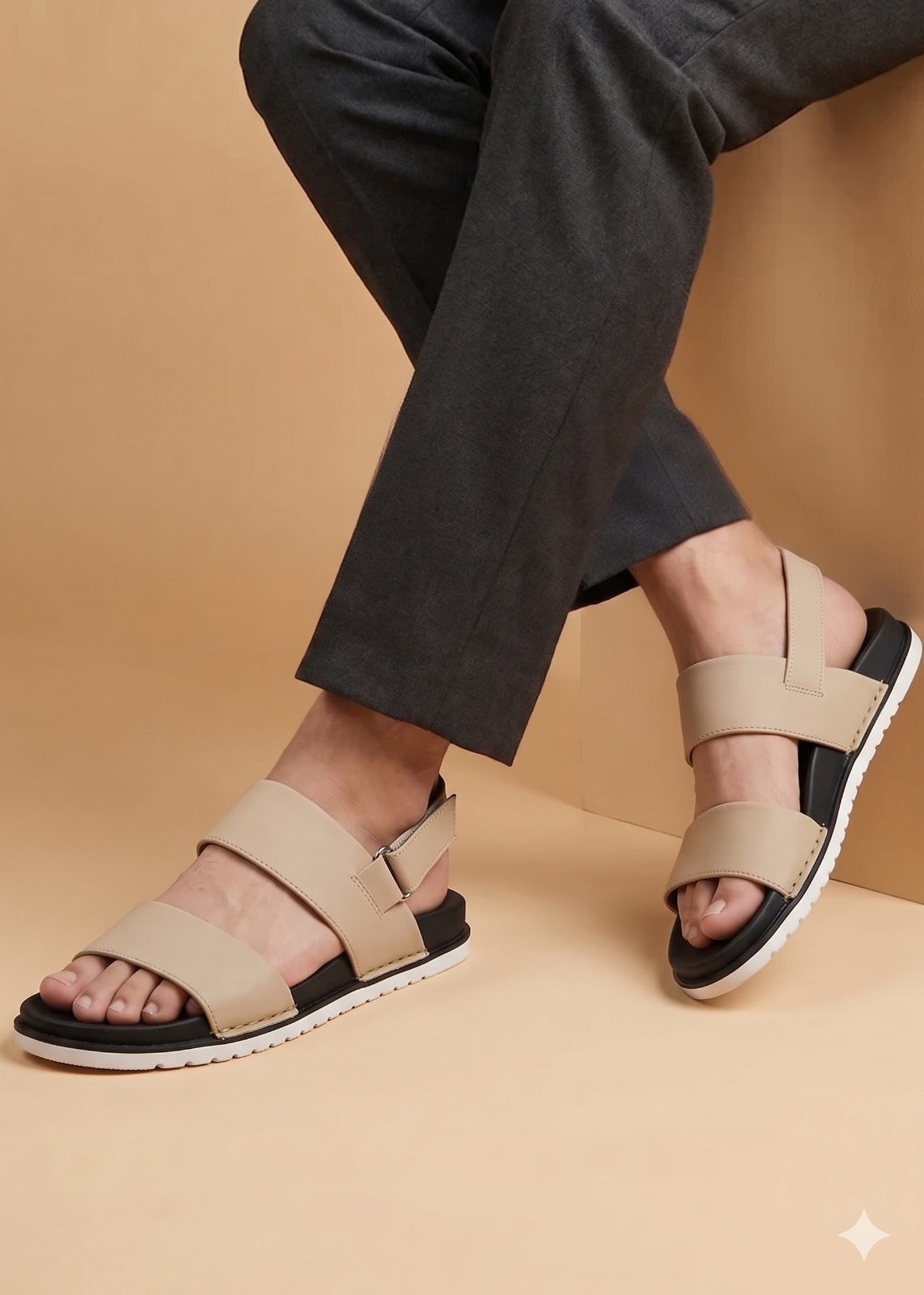 inayat shoes Beige sandals with black soles worn by a person on a beige background